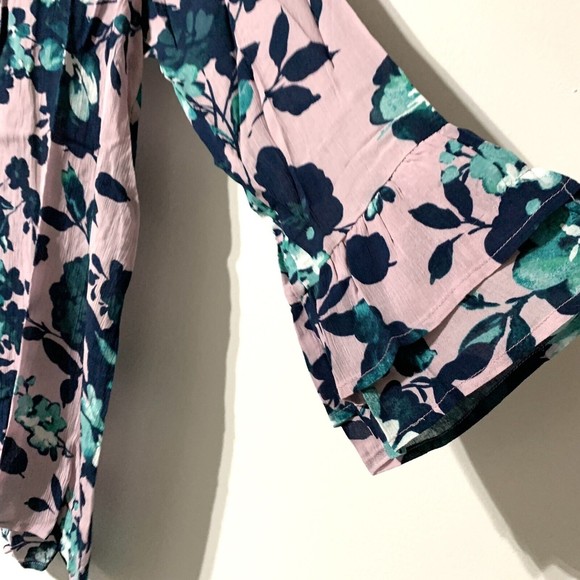 J.Jill Mauve Beautiful Blossoms Blouse Size XS Floral Ruffle Sleeve Tie Neck NEW - Picture 3 of 12